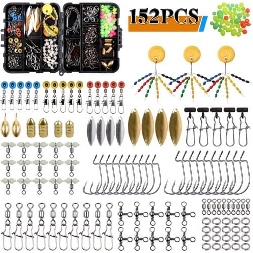152Pcs/Box Fishing Accessories With Jig Worm Hooks Metal Spoons Space Beans Brass Sinkers Rolling Barrel Swivel Snaps And Beads