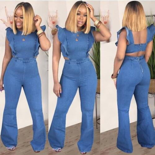 Sexy Blue Long Rompers Jumpsuit Women Elegance Jumpsuits Sexy Overalls Summer Wear Suspender Jeans lady Pants Spandex Solid