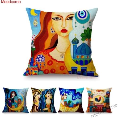 Middle East Arabic Muslim Art Cartoon Woman Islamic Sofa Throw pillow case Arab Home Decoration Cotton Linen Cushion Cover