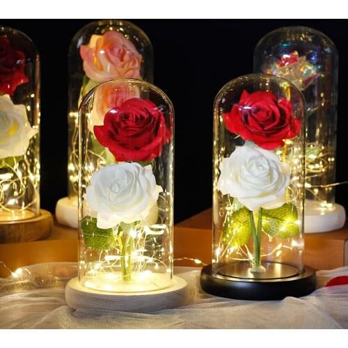 Eternal Double Rose in Glass Dome with LED Beauty and The Beast Romantic Gifts Home Decor for Valentine Day Wedding Party