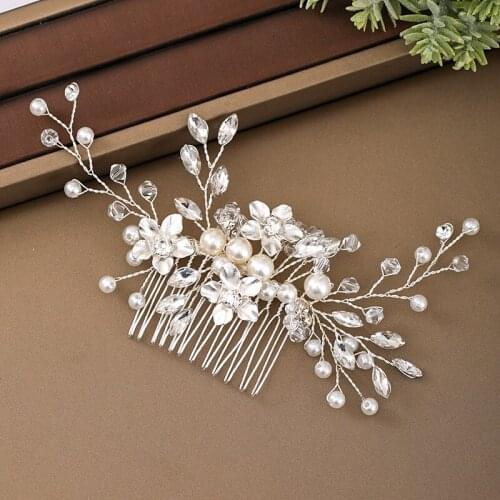 Pearl Flower Silver Color Rhinestone Hair Comb Hair Accessories For Women Bridal Hair Comb Jewelry Headband Wedding Accessories