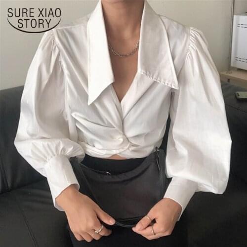 Korean Chic 2 Wearing Slim Sexy Short Long Sleeve Shirt Female Elegant V-neck Lantern Sleeve White Black Vintage Blouse 12540