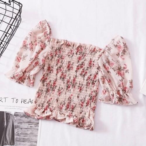 Summer Puff Sleeve Square Collar Women Off Shoulder Floral Basic Chiffon Shirt Lady Sexy Short Elastic Slim Ruffles Blouse Tops