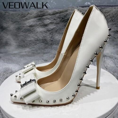 Veowalk Rivets Bow Women Sexy Patent Pointed Toe Stiletto High Heels Ladies Slip On Dress Shoes Spikes Pumps Black White