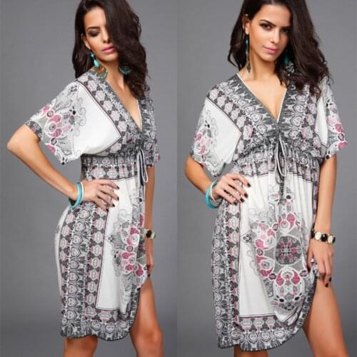 2021 Summer Ladies Mini Short-Sleeved Dress Plus Size Beach Print V-Neck Maternity Dress Vestdios Light Weight Fancy Suiting
