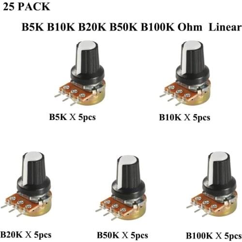25pcs Linear Potentiometer 5K 10K 20K 50K 100K Ohm 3 Terminal Linear Taper Rotary Potentiometer WH148 with Cap for Arduino