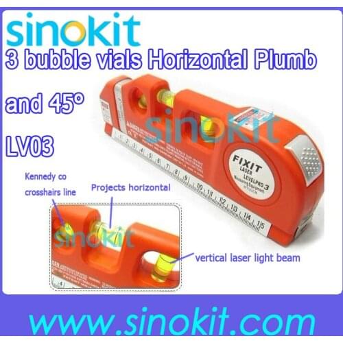 3 bubble vials Horizontal ,Plumb and 45' 3 In1 Multifunctional Laser Level Marker W/250cm Measuring Tape LV03