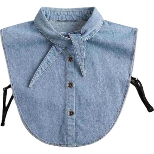 40GC Women Denim False Collar Bib Rabbit Ears Bow Tie Detachable Neckline Half Shirt