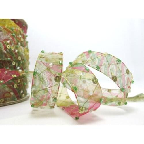 5/8 Inch Green Beaded and Sequined Floral Embroidered Chiffon Ribbon|Beaded Embroidered Trim|Organza Trim|Craft Supplies
