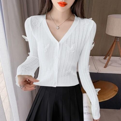 #6666 White Yellow Blue V-neck Thin Knitted Tops Women Sexy Cardigan Femme Slim Cotton Short Knitted Sweater Single Breasted