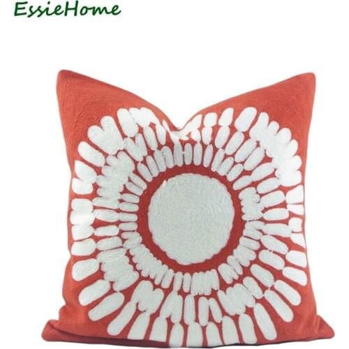 ESSIE HOME 18x18" Cushion Cover Pillow Case Brick Red Crocheted High End Full Embroidery Modern Classic Throw
