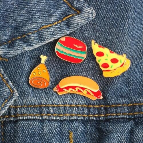 Burger Pizza Hot Dog Chicken Leg Brooches Cartoon Food Enamel Pins Denim Jackets Shirt Backpack Accessories Fashion Jewelry Gift