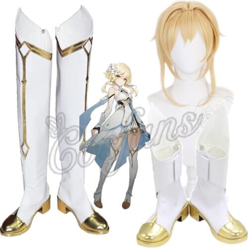 Genshin Impact Traveler Cosplay Aether Lumine Blond Wigs Game Traveler Lumine Cosplay Boots Shoes Hair Halloween for Women Men