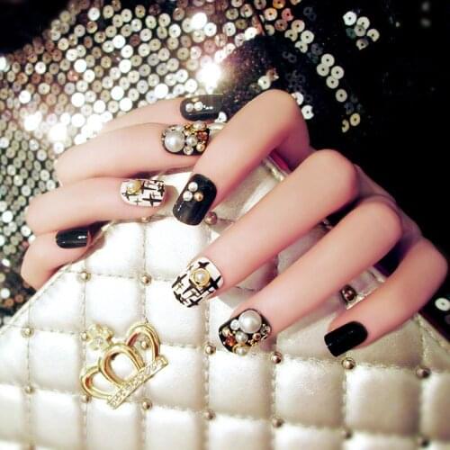 Hot Sale Bridal Manicure Rhinestones Nails Tips Black 24pcs Full Cover False Nails Square Sculpt Nail Art Faux Ongles Unhas-27