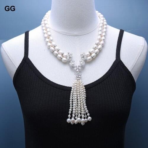 GuaiGuai Jewelry 2 Strands Cultured White Rice Pearl Necklace Silver Plated CZ Pave Connector Pearl Tassel Pendant For Women