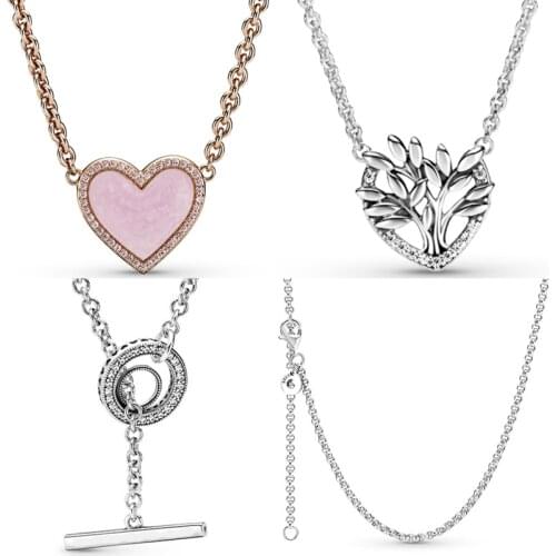 Circle Logo T-bar Pink Swirl Heart Family Tree Collier 925 Sterling Silver Rolo Chain Necklace For Europe Bead Charm Jewelry