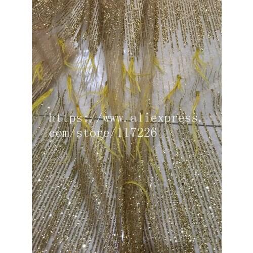 Pretty gold yellow color glued glitter Embroidery African Nigerian Guipure Lace Fabric JRB-00192 with glitter and further