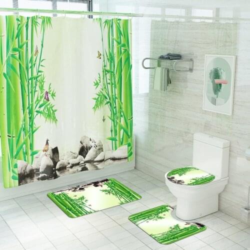 Summer Style Green Bamboo Pattern Bath Mat and Shower Curtain Set Bathroom Carpet Mat Set Toilet Rugs Bathroom Foot Mat