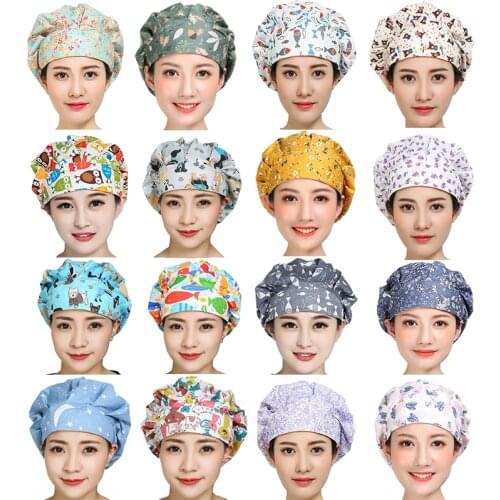 Bouffant Scrub Caps for Women Printed Cotton Sweatband Adjustable Hats Washable Reuseable Anti-dust Working Caps Accessories