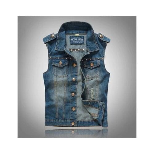 Mens slim denim print vest Casual turn down collar single breasted sleeveless coat for man Tank top
