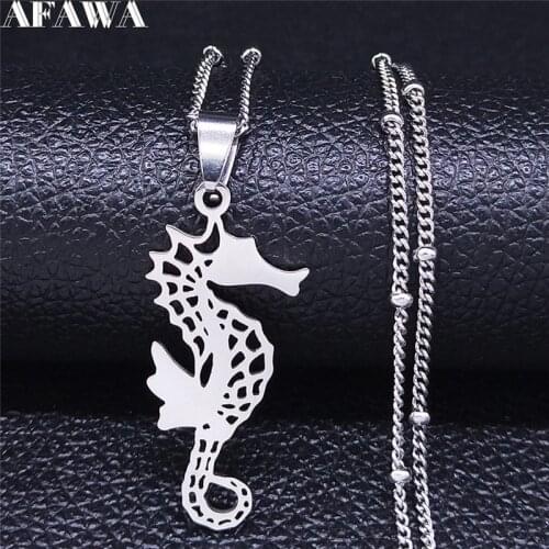 2021 Fashion Animal Seahorse Stainless Steel Necklace for Women Silver Color Statement Necklaces Jewelry joyas mujer N4216S01