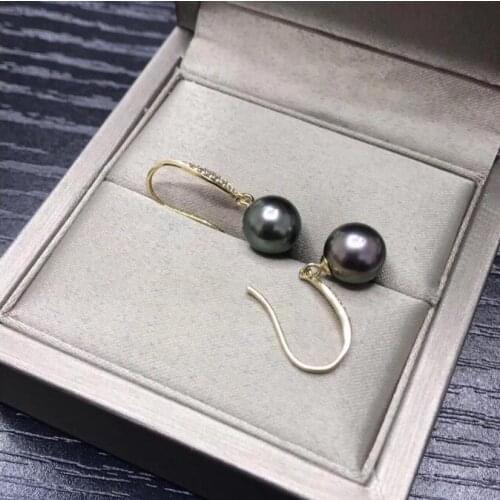 Stunning pair of 9-10mm Tahitian round black green pearl dangle earring 18k free shipping