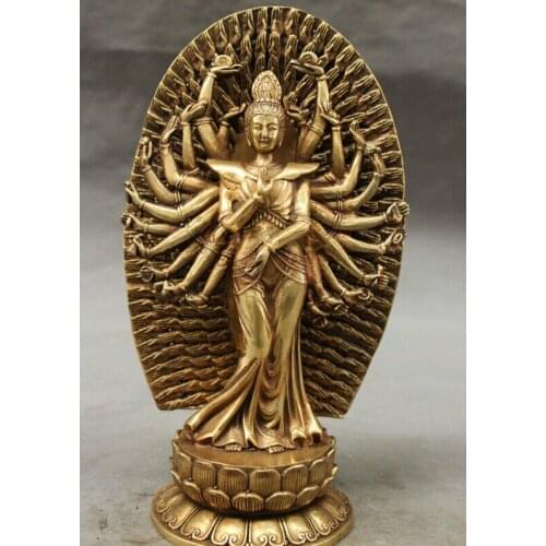 S3828 10" Tibet Brass Buddhism Lotus Kwan-Yin 1000 Arms Avalokiteshvara Goddess Statue D0317