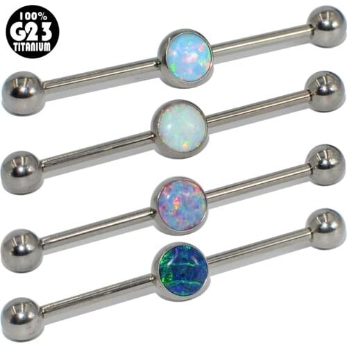 1PC G23 Titanium Straight Barbell Ring WIth Center Opal Stone Flat Back Industrial Earrings Ear Tragus Body Jewelry Piercing