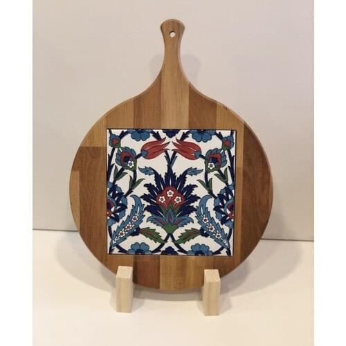 Technical Wood Beech Tree Round Tulip Patterned Tiles Decorated Presentation Board 32x43 cm