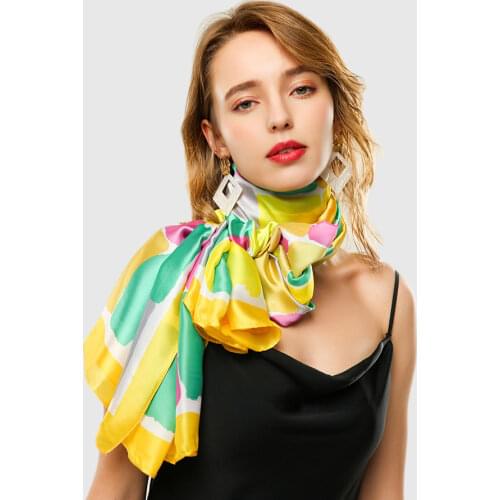 Spring Soft Silk Foulard Large Neck Scarf Decorated Print Bandana Bright Cube Pattern Design Shawl [3382]
