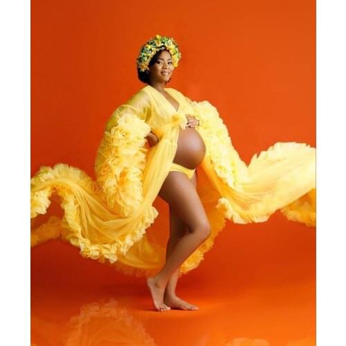 Yellow Puffy Sleeves Tulle Maternity Dresses for Photoshoot Front Slit or Open SexyTulle Robes For Pregnant woman Plus Size