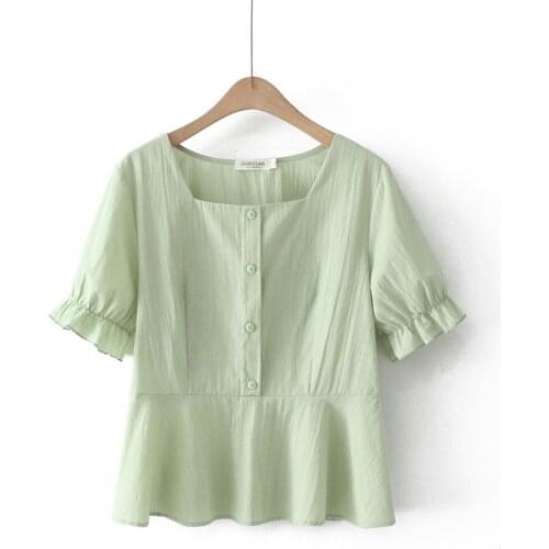 Plus Size XL-4XL White Green Summer Blouse Women Full Cotton Simple Elegant Crop Top Oversized OL Blusas