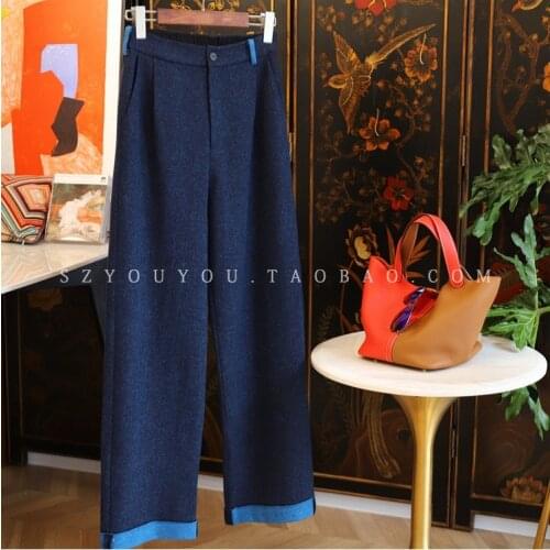 Contrasting Wool Straight Leg Wide-leg Pants Ladies 2021 New Temperament Trousers