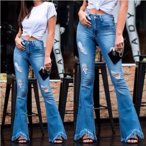 Women Flared Jean Pants Ripped Holes Skinny Wide Leg Denim Trousers Woman Elastic Jeans Pata Ancha Female Bell Bottom Pant 2019