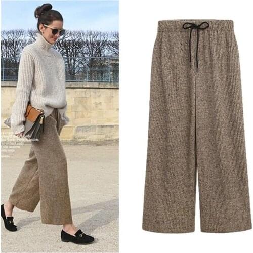 Woolen Pleated Pants Women 2021 Elastic Waist Loose Pants Women for Autumn Black Wide Khaki Pants Ankle-length Pants