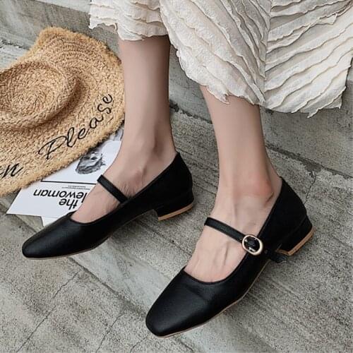 2021 Female Low Heel Square Toe Shoes Retro Leather Pumps Shallow Sandals Summer Women Spring Buckle Shoes