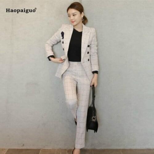 Plus Size Two Pieces Set Women Business Plaid Formal Suits for Women Work Office Long Sleeve Bandage Pant Suits and 2 Piece Set
