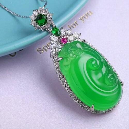 New Style Sterling Silver Chain 925 Necklaces For Women Natural Green Jade Emerald Pendants Necklaces Fine Jewelry Wholesale