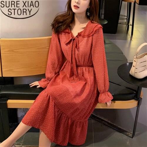 Women dress 2019 A-Line Dot Full Cascading Ruffle Flare Sleeve white and black dress elegant Office Lady 2605 50