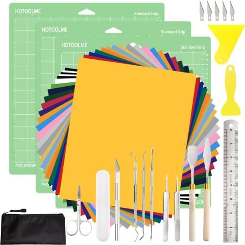 24Pcs Heat Transfer Vinyl Sheets with 3pcs StandardGrip Cutting Mat and 19pcs Craft Vinyl Weeding Tools Kit