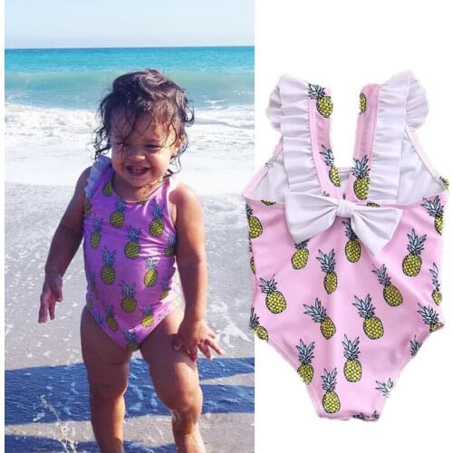 Kids Baby Children Girls Sleeveless Pineapple Print Pink Cute Ruffle Bow One-Piece Suits Beachwear Bathing Suits Swimsuits