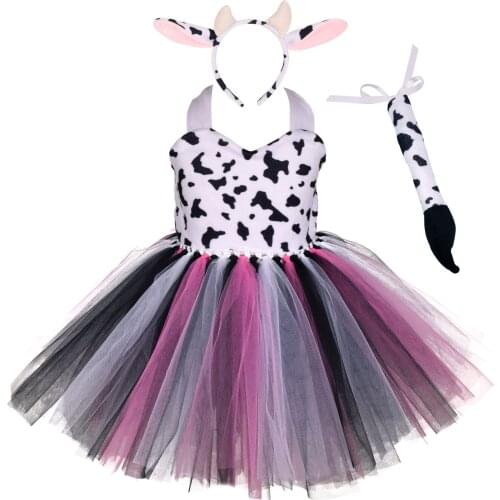 Kids Animal Pink Milk Cow Tutu Dress For Baby Halloween Costumes Toddler Girl Tulle Dresses Outfit For Birthday Party Clothes