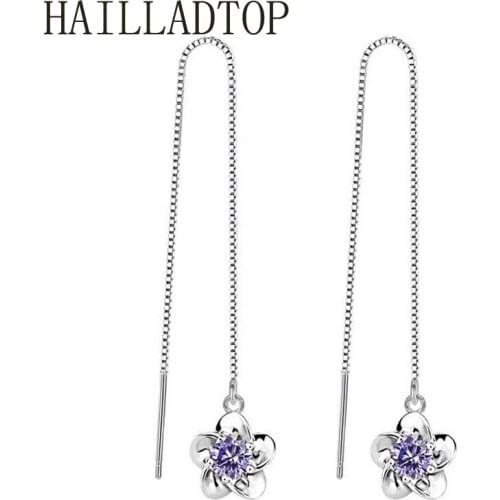Long Ear Line Fashion Jewelry Earrings Top Quality Hanging Earrings Wholesale Luxury Clear & Purple Cubic Zirconia Plum Blossom