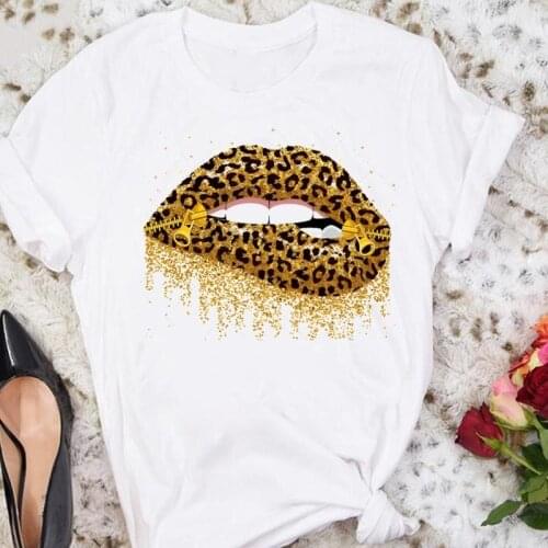 Women Cartoon Leopard Funny Lip Sexy 90s Cartoon Summer Sweet Tshirts Fashion Clothes Stylish T Top Lady Print Tee T-Shirt