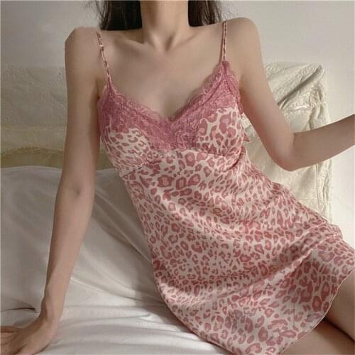 Lace Womens Sleepwear Sexy Ice Silk Lingerie Lazy Little Pink Leopard Nightdress Fashion Ladies Homewear Animal Pattern Pajamas