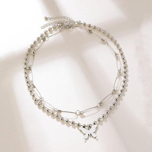 Lost Lady Hip Hop Butterfly Safe Pin Pendant Necklace for Women Layers Choker Metal Chain Choker Necklace Wholesale Jewelry Gift