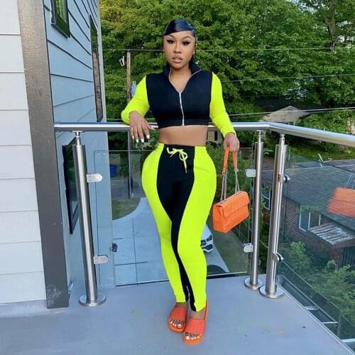 Fashion Color Patchwork Cardigan Casual 2 Piece Sets Womens Outfits High Elastic Long Sleeve Top Sporting Tracksuit Set