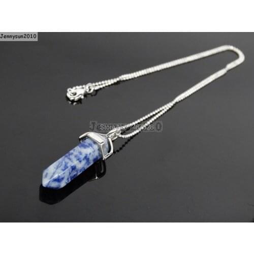 Natural Blue Spot Gems Stones Hexagonal Pointed Healing Reiki Chakra Pendant Beads Silver 17'' Chain Necklace 5 Sets/Pack