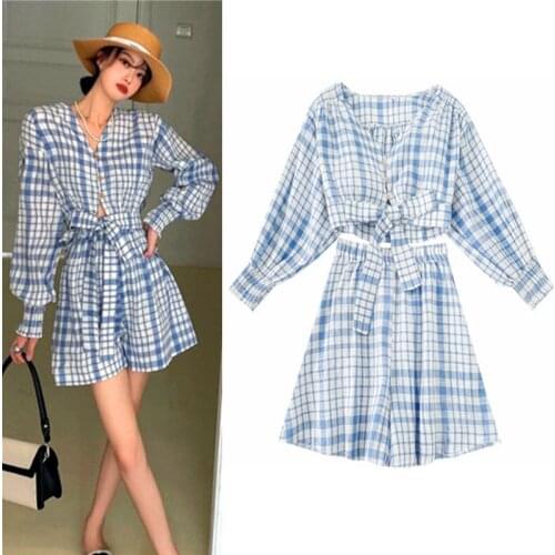 New spring and summer womens shorts suit printing long lantern sleeves bow blouse skirt pants shorts suit clothing suit NS198