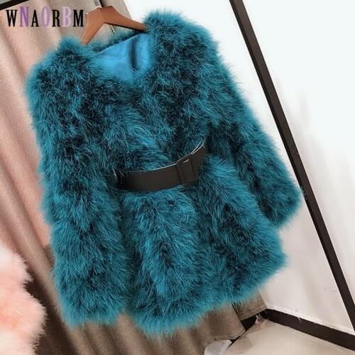 Real fur coat medium length turkey feather hand sewn solid color warm top with cotton lining suitable for temperature 0 ℃ - 10